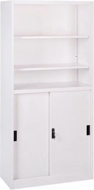 Armadietto Beliani moderno con ante scorrevoli e scaffale aperto, bianco opaco, con serratura e ripiani regolabili, L: 90 cm, P: 40 cm, H: 185 cm – 1