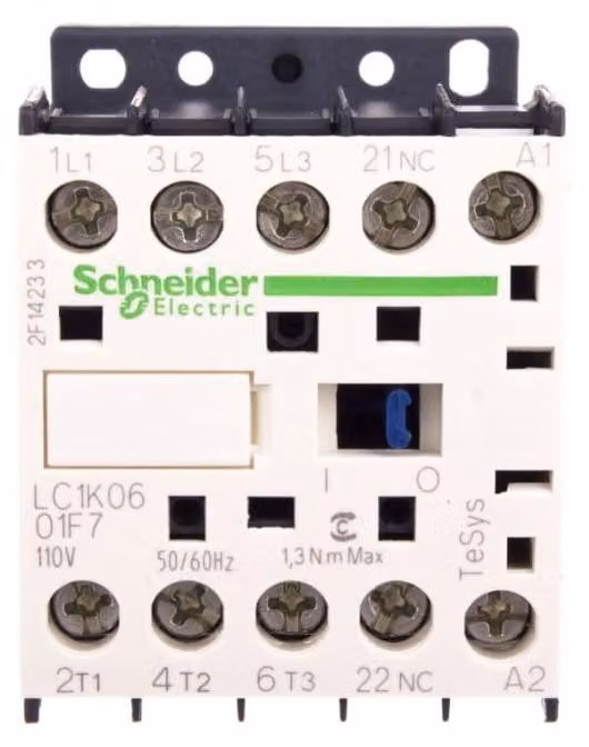 Contattore Schneider Electric LC1K 3p, +1Ö, 2,2 kW, 6 A, 400 V AC3, bobina 110 V AC LC1K0601F7