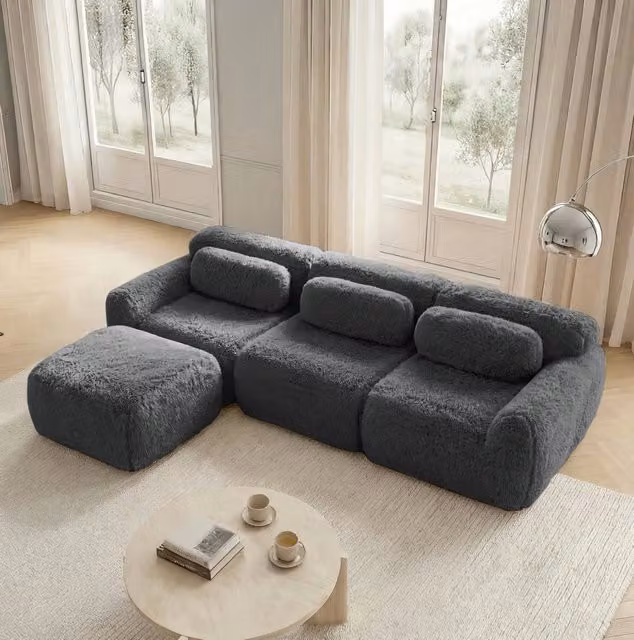 Divano modulare a L 291x179x73 cm in tessuto grigio, senza montaggio, per soggiorno –