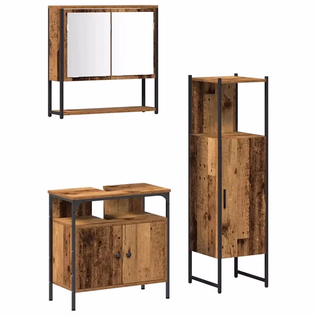 Set di mobili per il bagno moderno vidaXL composto da 3 pezzi in legno marrone e nero con armadietto specchio, mobile lavabo e colonna alta a parete – 2