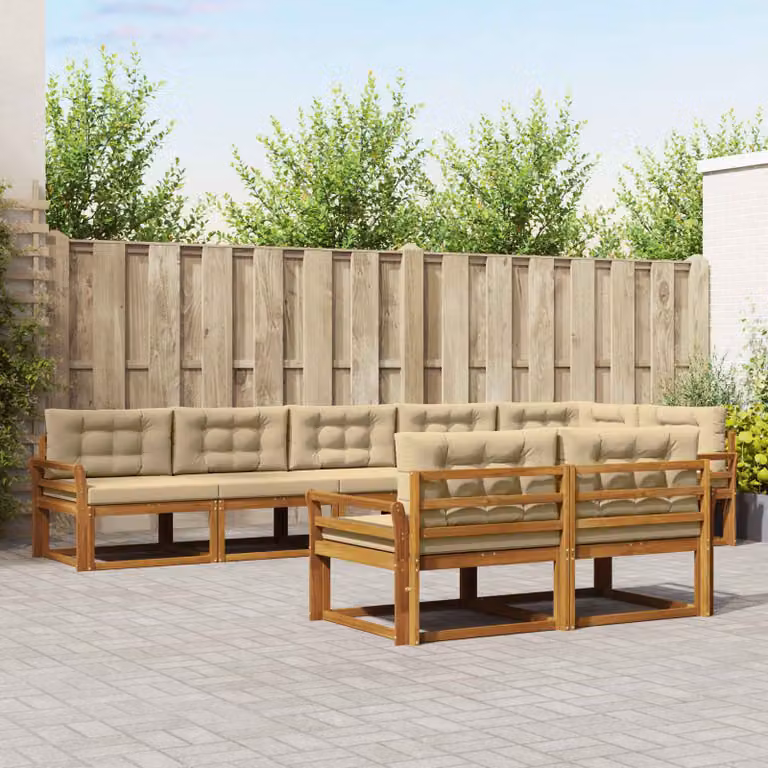 Set di divani da esterno a forma di U vidaXL in legno di acacia con cuscini, Beige e Marrone