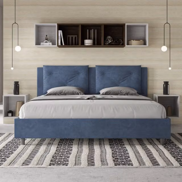 Letto matrimoniale king size con contenitore Appia Ityhome imbottito in microfibra blu L/P: 190 x 190 cm