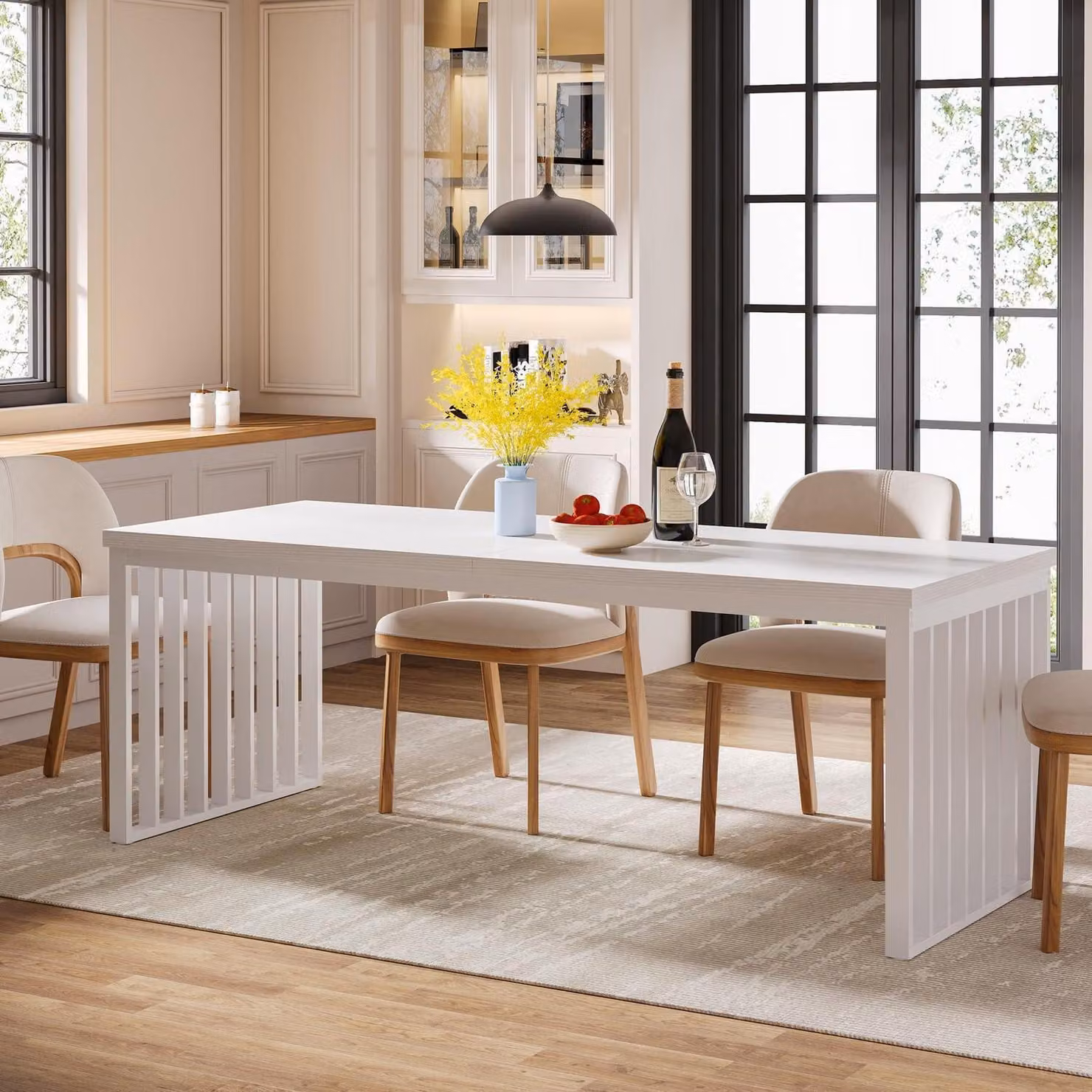 Tavolo da pranzo rettangolare, 180 cm, bianco, con struttura in metallo in stile industriale, per 6-8 persone