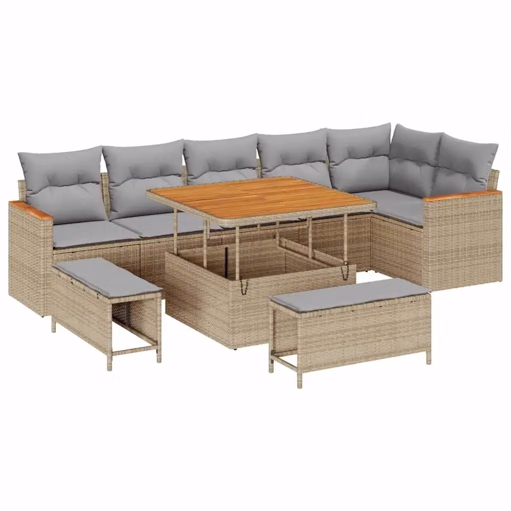 Set Divano da Giardino Moderno vidaXL 9 Pezzi Beige con Cuscini e Tavolino da Esterno in Polyrattan e Metallo – 2