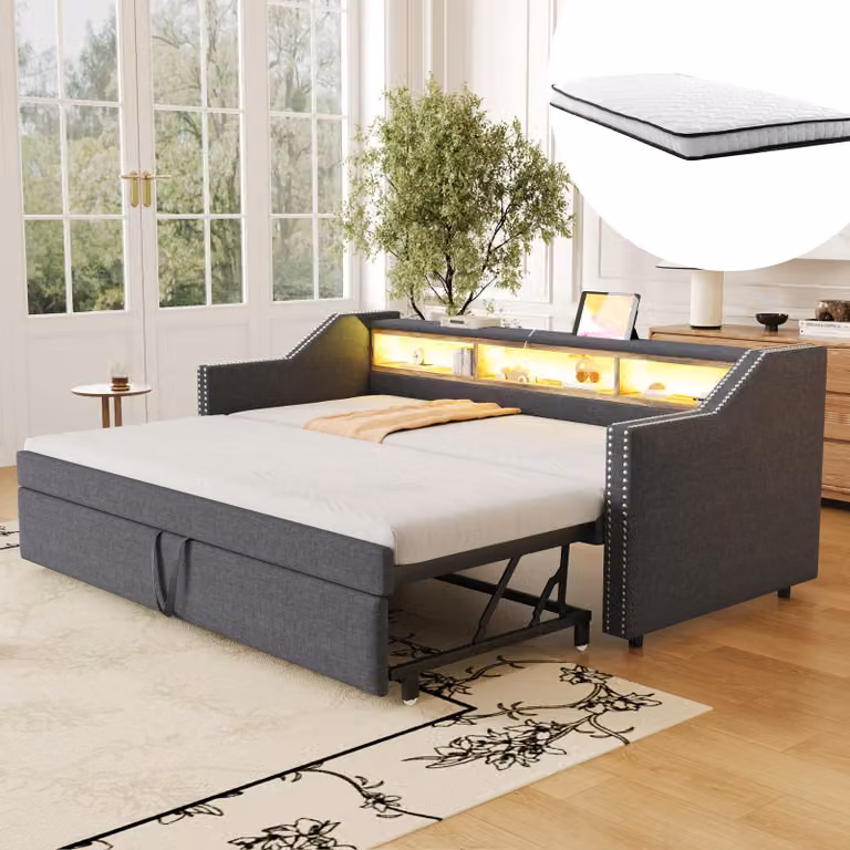 MODFU Divano letto allungabile daybed 90/180 x 190 cm, letto imbottito daybed per bambini con vano contenitore multifunzionale, luce LED e presa USB, grigio scuro (con due materassi)
