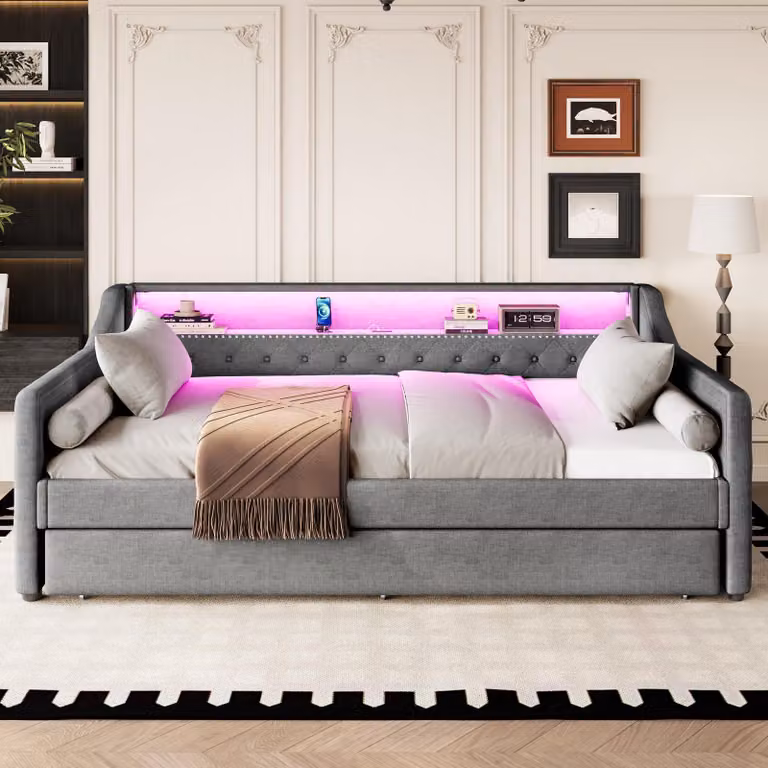 okwish divano letto 90x200 letto per giovani con illuminazione a LED e porte di ricarica USB, letto per giovani con letto estraibile / rete a doghe, grigio (senza materasso)