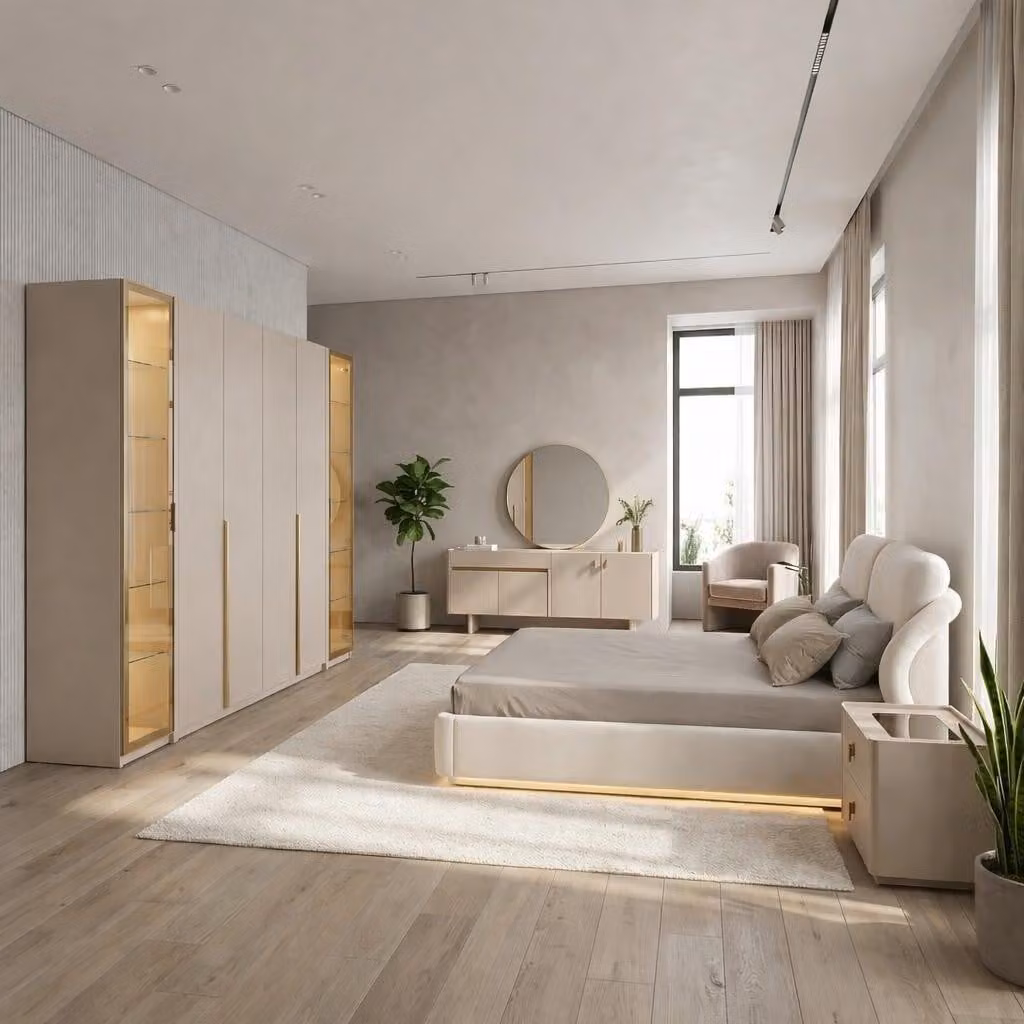 Set completo per camera da letto Lux: letto, armadio, comodini, consolle e specchio