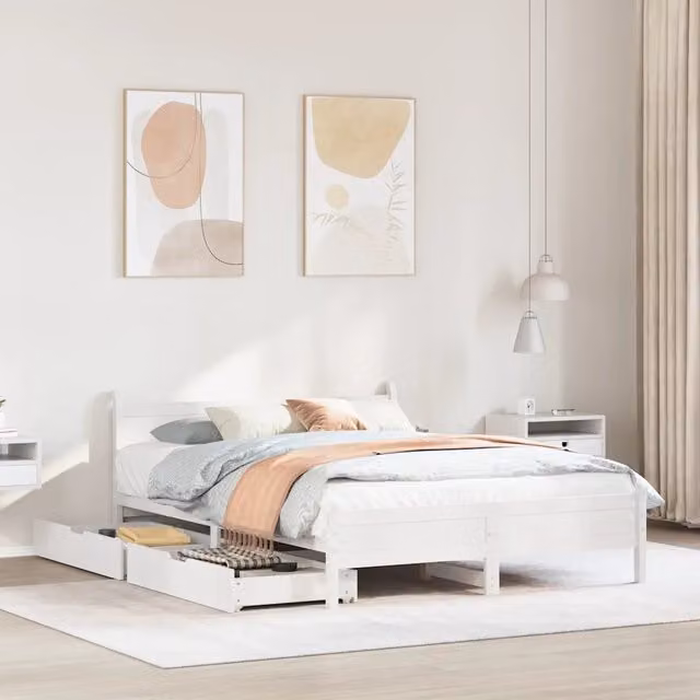 Letto matrimoniale vidaXL in legno massello di pino bianco con cassetti L/P/H: 155 x 209 x 72 cm