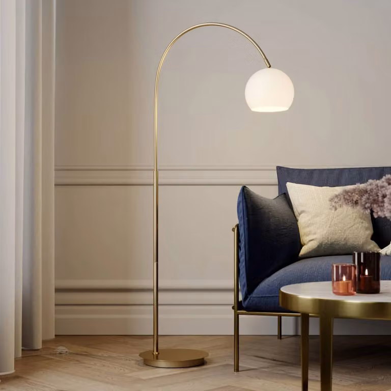 Lampada ad arco Cynthia Lindby, Ottone / Oro, Soggiorno / Sala da pranzo, Vetro, Moderno, Lampada da terra