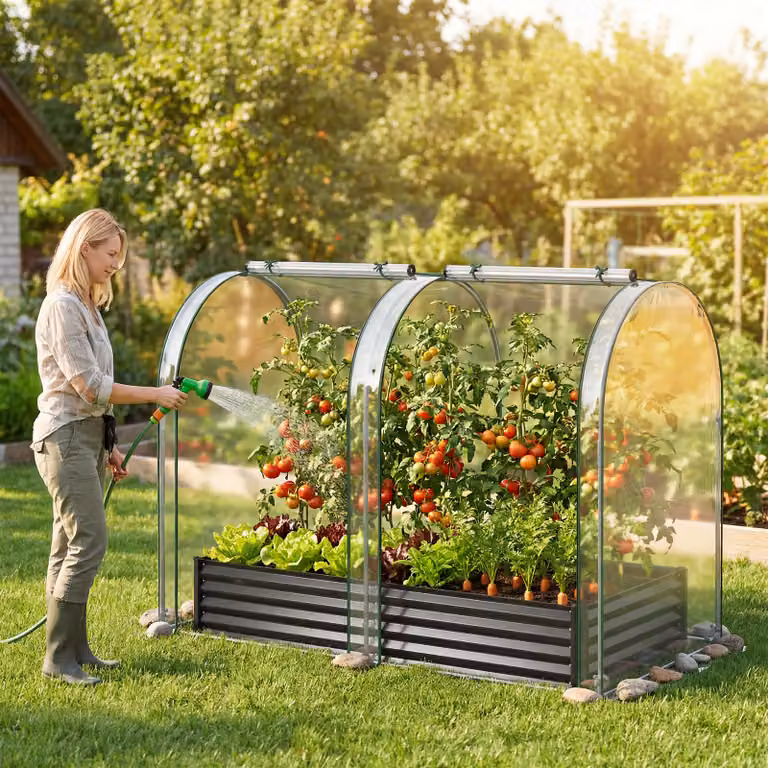 Costway Orto rialzato da giardino con serra e sistema di drenaggio, Fioriera esterna in metallo nero per piante e fiori