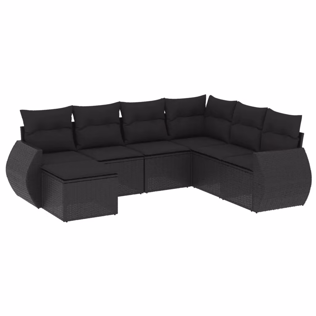 Set di Divani da Giardino vidaXL a Forma di L con 7 Pezzi in Polyrattan Nero e Cuscini Imbottiti – 2