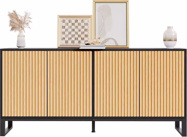 Credenza Chicfurn con 4 ante e rilievo 3D per ingresso e soggiorno, colore nero, L 160 cm x P 40 cm x H 75 cm