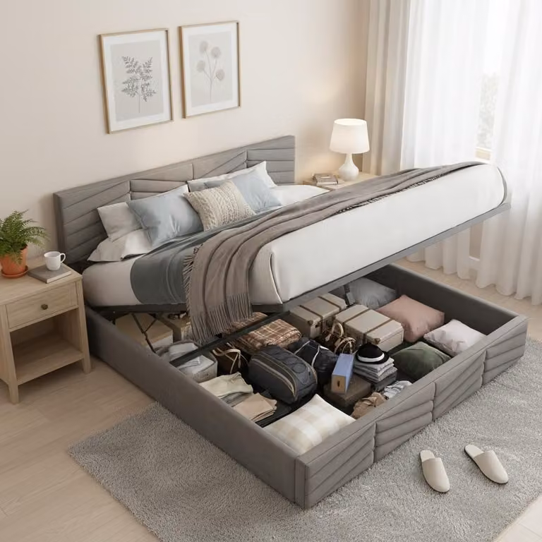 Letto imbottito 140x200 cm, grigio, in velluto, con spazio contenitore, poggiatesta regolabile in altezza e rete a listelli, ideale per la camera da letto