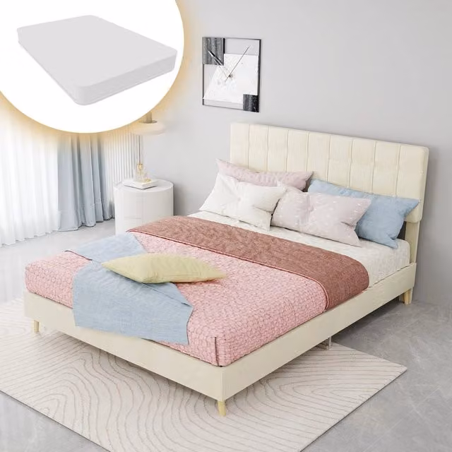 Letto Matrimoniale Imbottito con Testiera ¨C MINIMAL ¨C Tessuto Beige 140x200