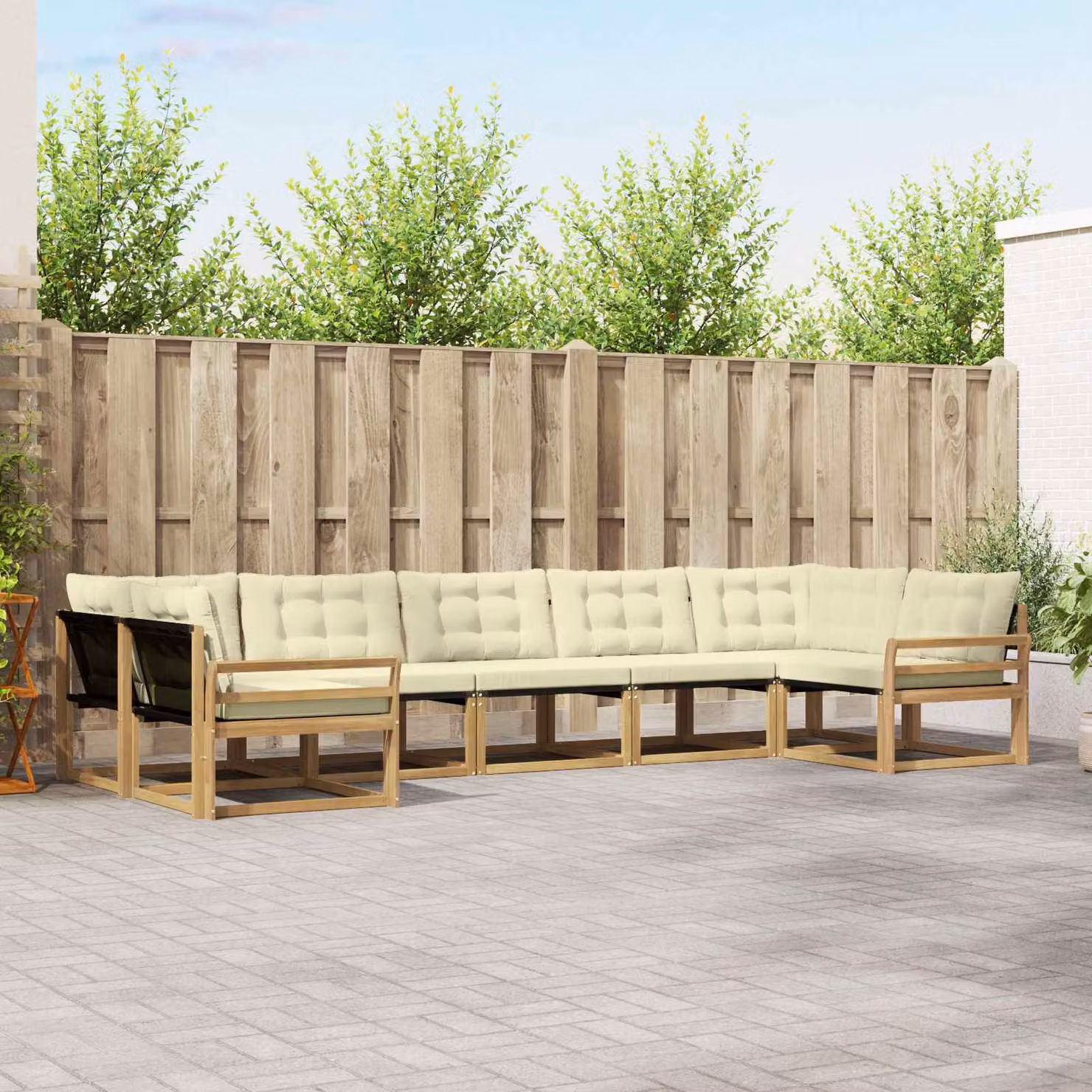 Set di divani da esterno vidaXL 7 pz a forma di U in legno di acacia e textilene, colore bianco e beige con cuscini inclusi