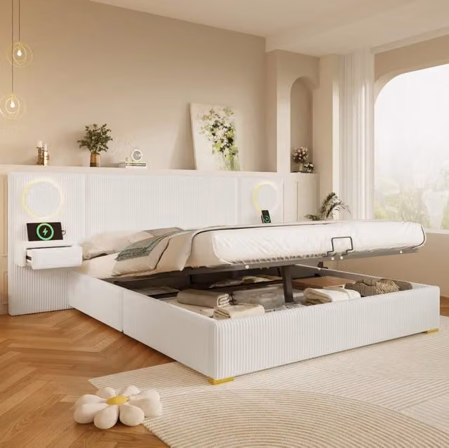 Letto contenitore 180x200 cm in velluto beige con LED e USB, senza materasso –