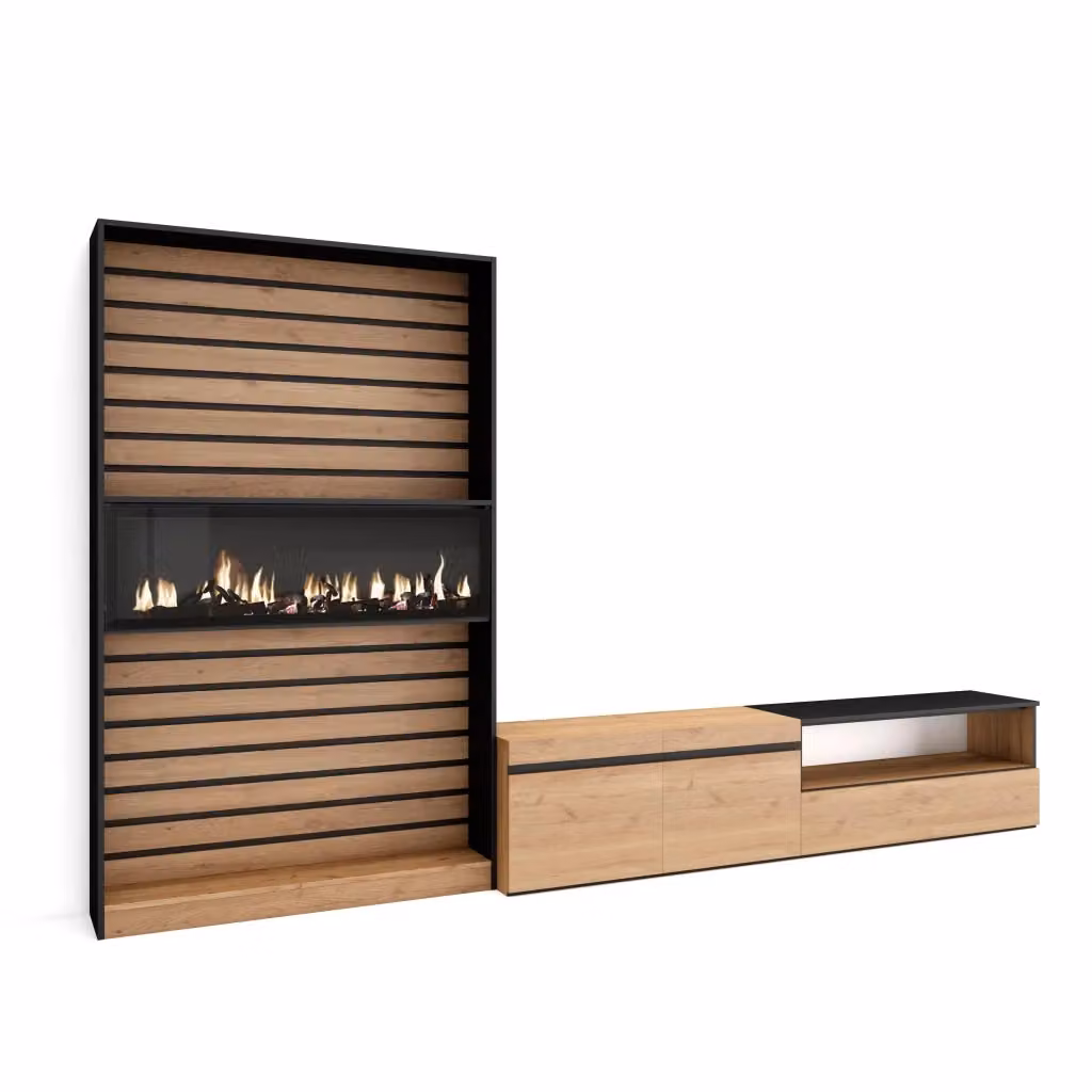 Mobile TV da soggiorno SKRAUT HOME con camino elettrico per TV fino a 80 pollici, colore Rovere e nero, L: 310 cm, P: 35 cm, H: 186 cm – 2