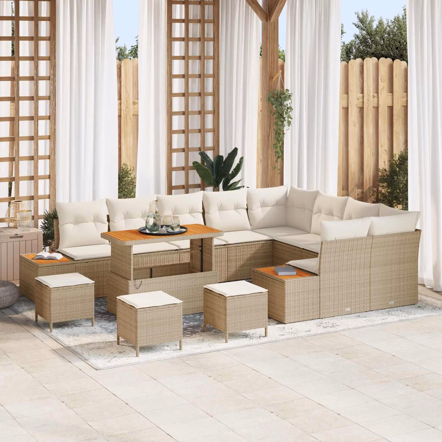 vidaXL Set Divano da Giardino a L con 13 Pezzi, Beige, con Cuscini e Tavolino da Caffè – 1
