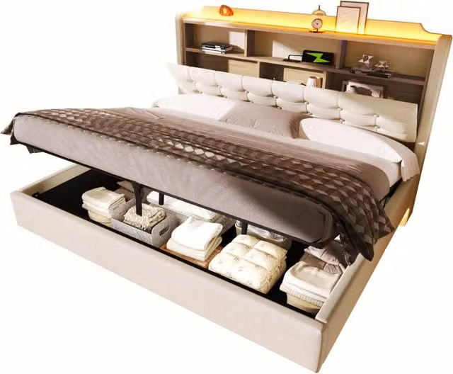Letto matrimoniale imbottito 180x200 beige con LED， contenitore idraulico， testiera con USB e Tipo-C， vano portaoggetti e design sospeso， senza materasso