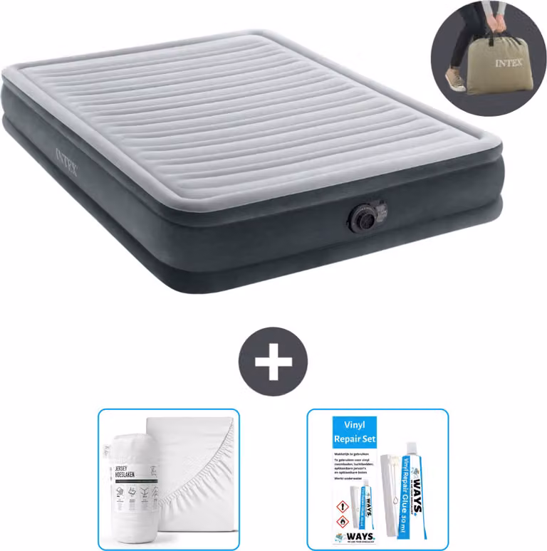 Intex Airbed - 2 persone - 152 x 203 x 33 cm - Grigio - Incluso pompa - lenzuolo e kit di riparazione