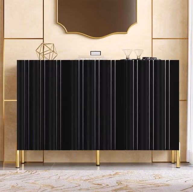 Sideboard Nero 120x35,5x80 cm con 3 Ante, Piedini in Metallo Dorato, Ripiani Regolabili, Chiusura Ammortizzata