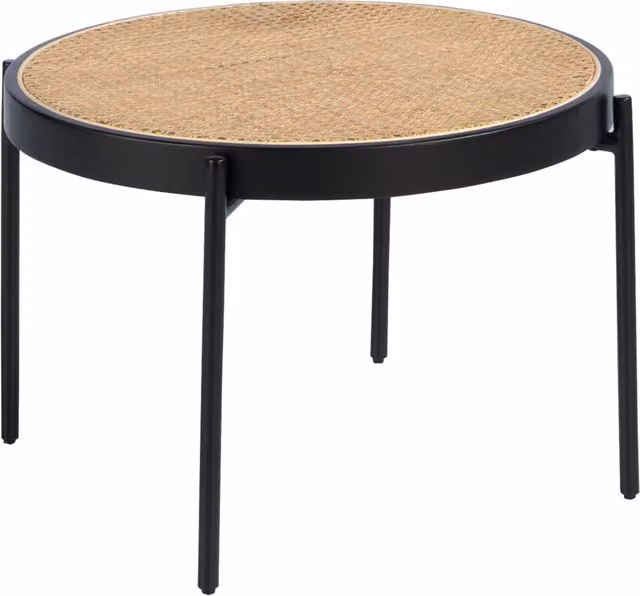 Tavolino rotondo moderno Angel Cerdá in rattan e metallo nero, Diametro: 66 cm, Altezza: 40 cm