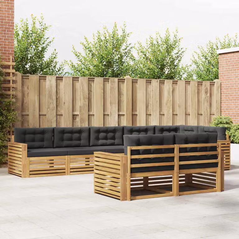 vidaXL Set di divani da esterno a forma di U composto da 8 pezzi in legno di acacia con cuscini bianchi e antracite