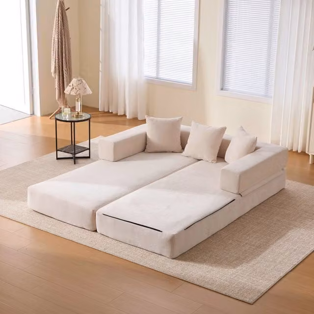 Divano Modulare REDOM in Chenille Beige con Funzione Letto e Tasche Laterali L: 198 cm, P: 79 cm, H: 60 cm