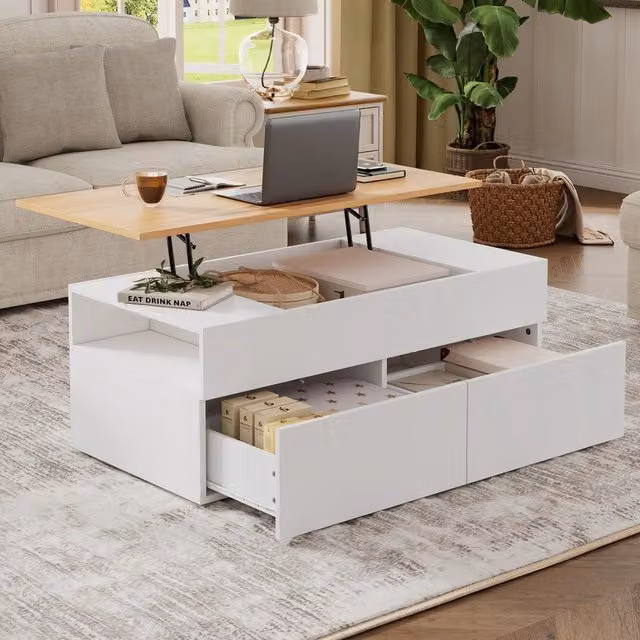 Tavolino da caffè MINIMAL con 2 cassetti e ripiano, Bianco e Legno, L: 100 cm, P: 50 cm, H: 40 cm