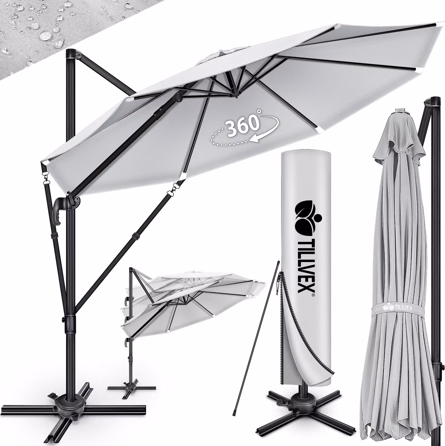 tillvex® Premium ombrellone in alluminio 330 cm grigio + copertura e protezione dal vento | ombrellone a sbalzo 6 pieghevole regolabile con manovella | ombrellone da giardino girevole a 360° inclinabile | ombrellone a manovella UV50+ grande impermeabile
