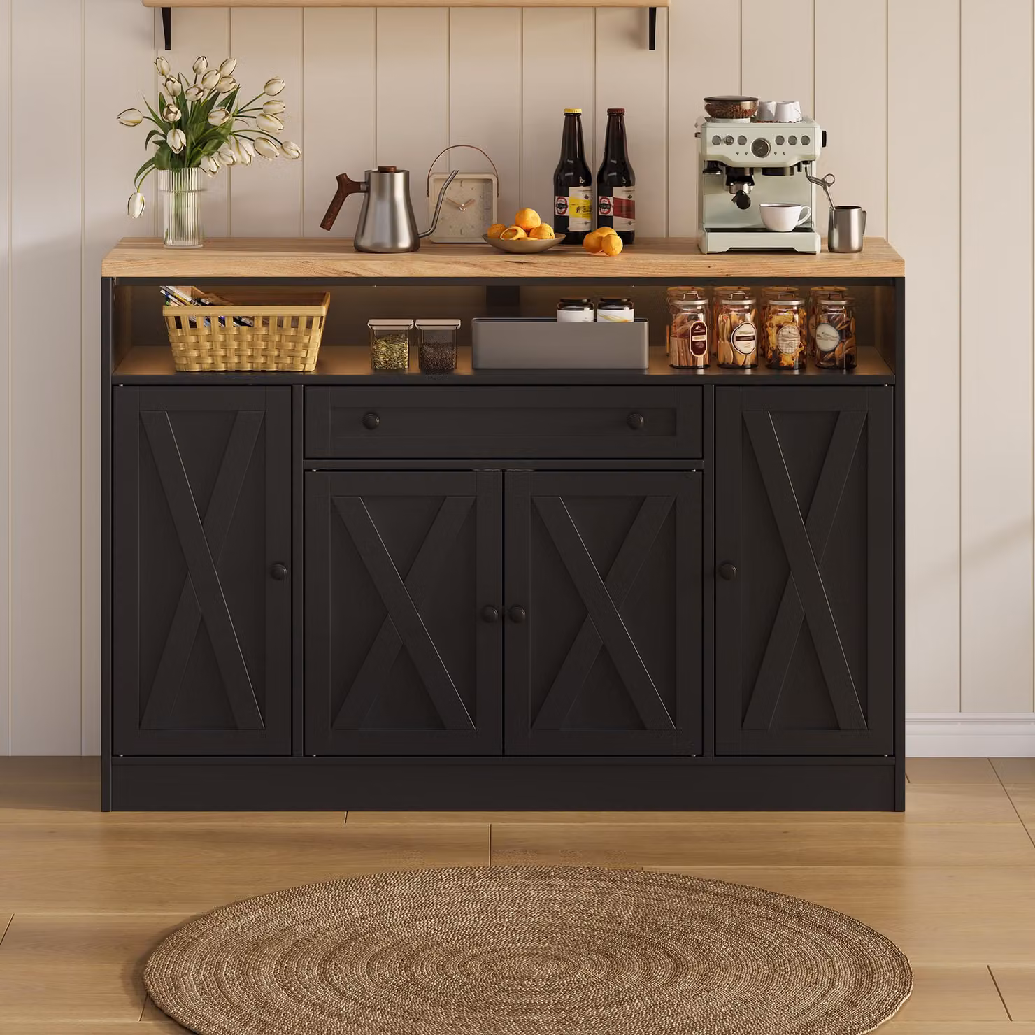 Mobiletto da cucina laterale Merax con 4 ante a griglia e cassetto, comò con illuminazione LED, mobile da soggiorno con frontali a forma di X in MDF, colore nero