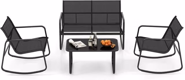 Set da Giardino 4 Pezzi in Tessuto Textilene, Set da Bistrò da Patio, Set tavolo e sedie con Tavolino in Vetro, 2 Sedie e Divanetto a Dondolo, per Giardino Coltile (Nero)