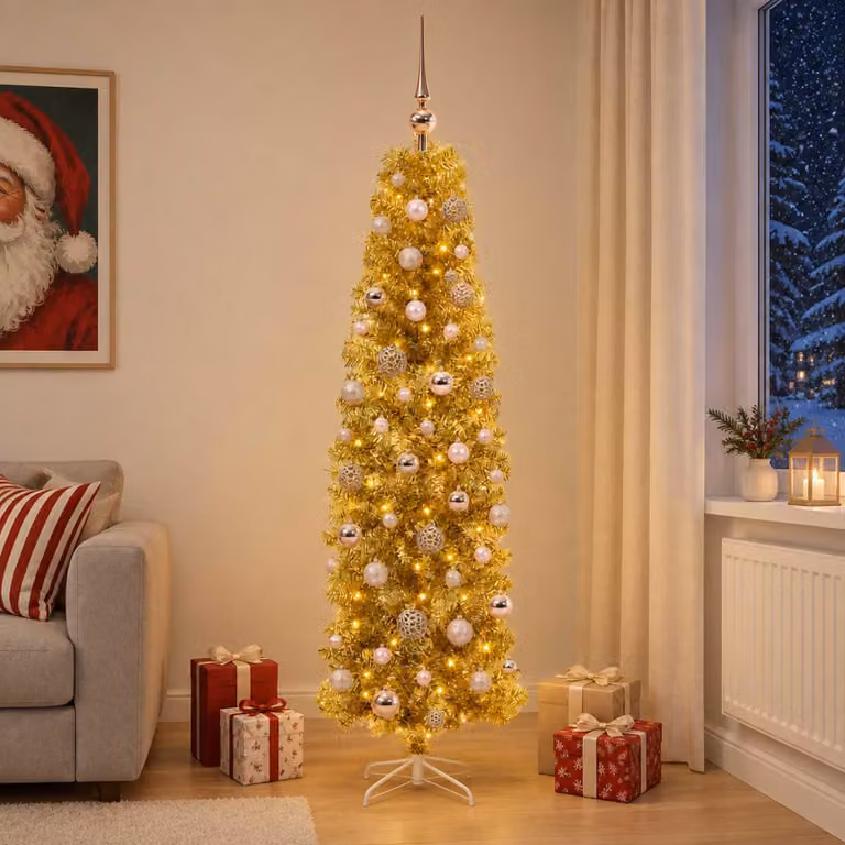Albero di Natale artificiale, sottile, con palline, altezza 180 cm, 300 luci LED