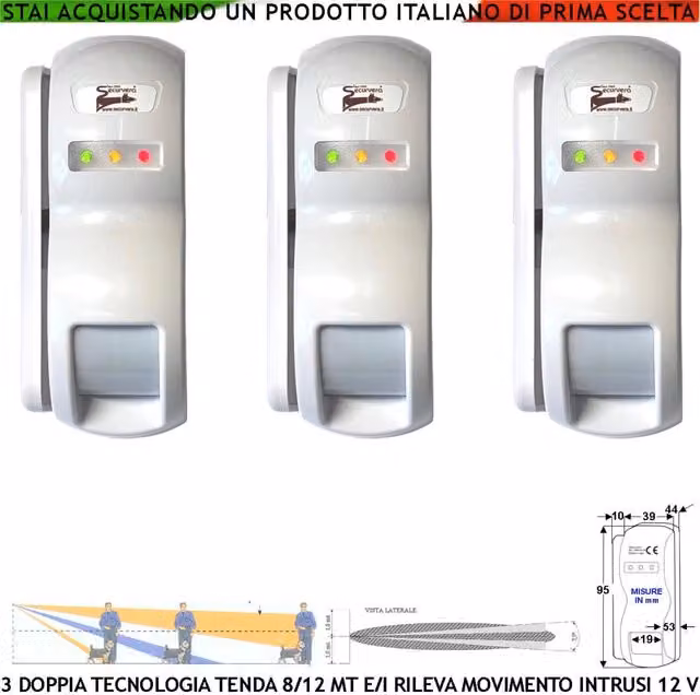 Set di 3 sensori di movimento Securvera con doppia tecnologia PIR e microonde, colore bianco, portata 8-12 metri, protezione IP31