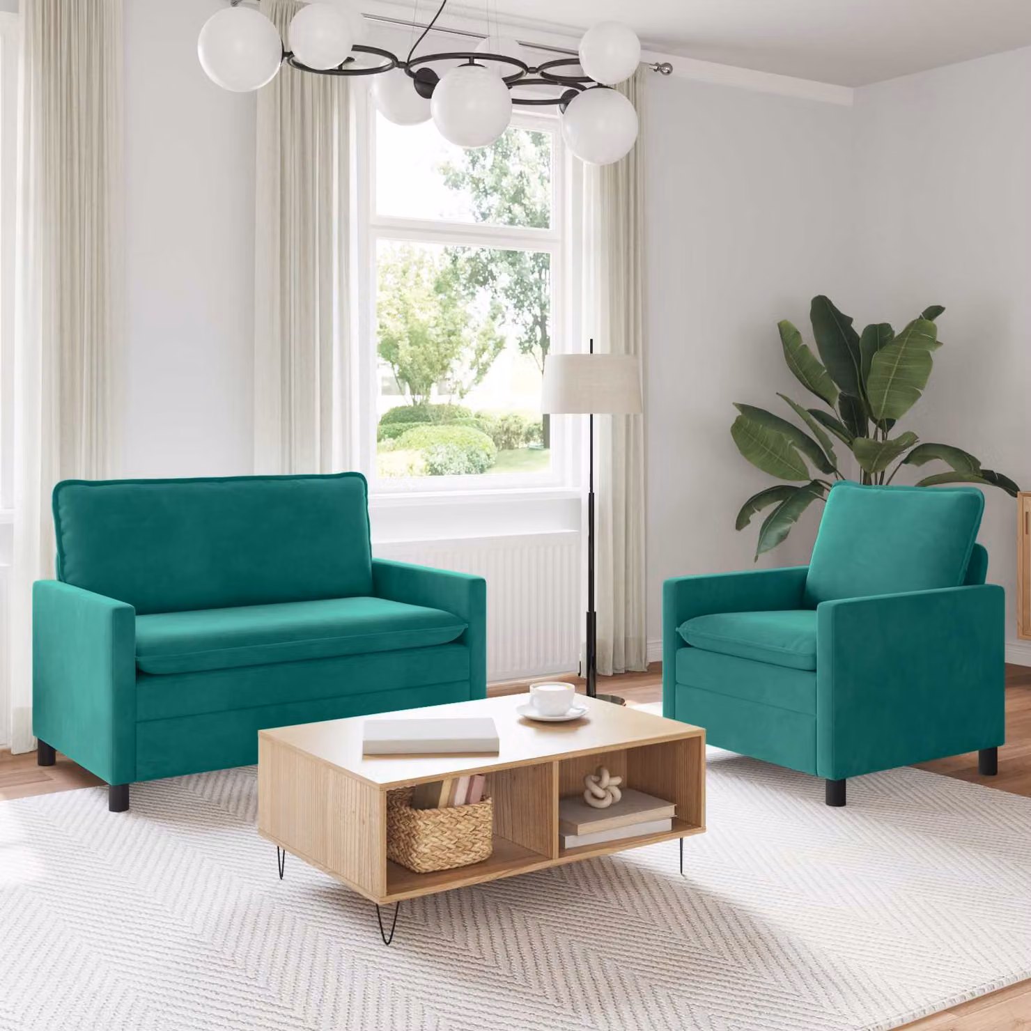 Set di 2 divani moderni vidaXL in velluto turchese con cuscini e coperture rimovibili
