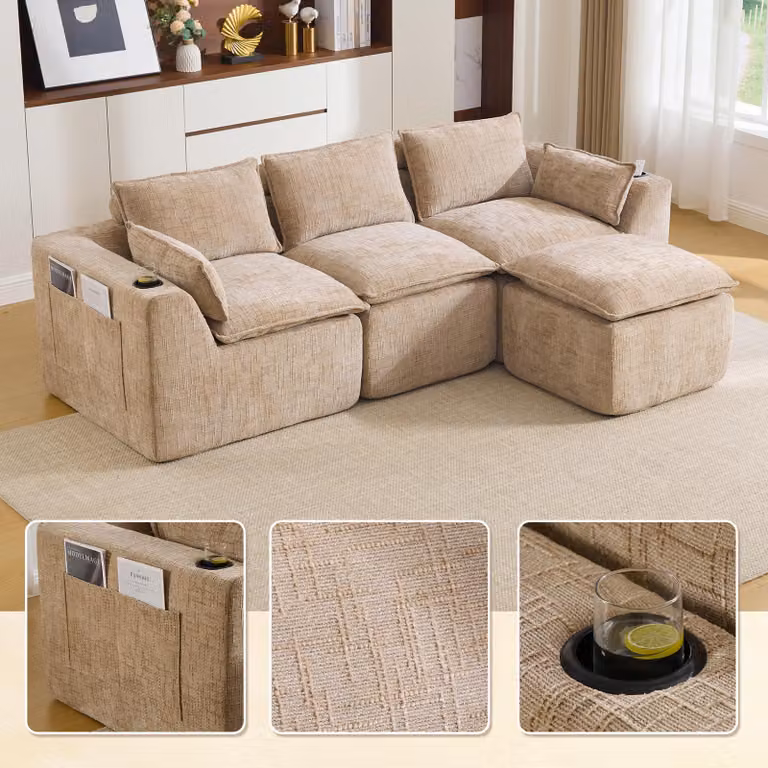 Divano componibile LVHOM a 3 posti in ciniglia, divano a L con portabevande e tasche laterali, divano grande, 256 cm, color kaki
