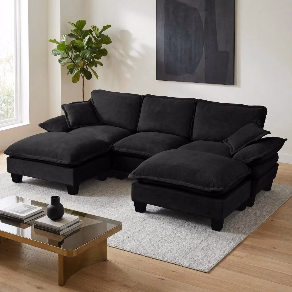 Divano panoramico a U MIVRAY nero con ottoman coordinato e coperture removibili per soggiorno – 2