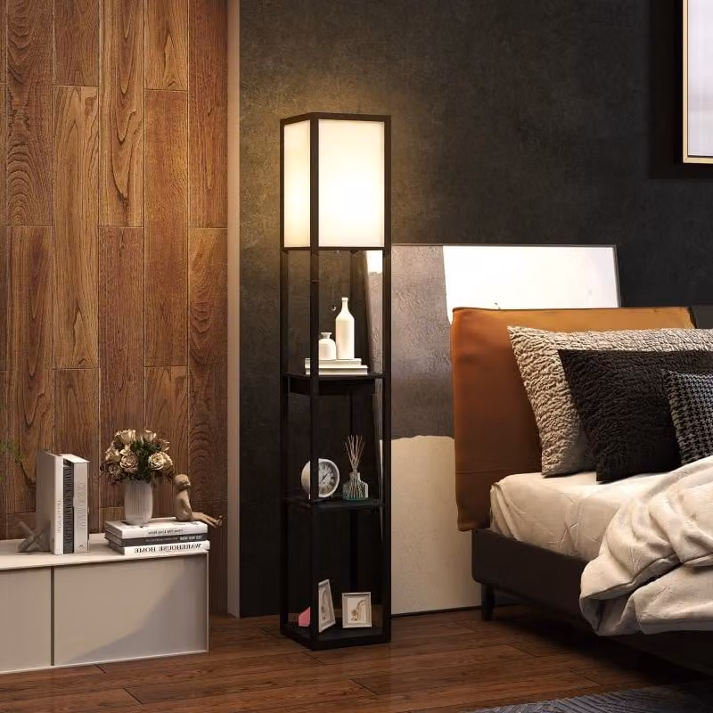 Lampada da terra Moonbite, altezza 159 cm, con ripiani e cassetto, lampada con prese USB-A, USB-C, presa di corrente e attacco E27, lampada da pavimento per il soggiorno, in legno, colore nero