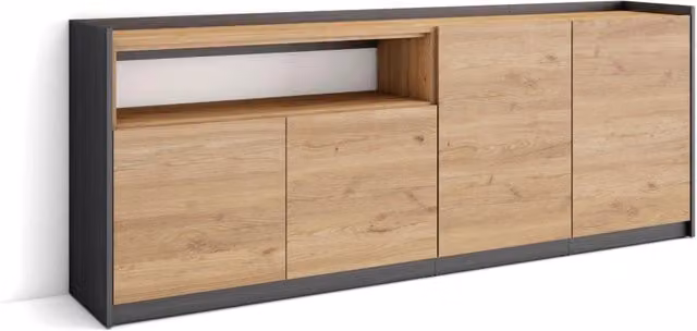 Credenza, Mobile, Cucina, 207x80x37 cm, 4 Porte, grande stoccaggio, Rovere e nero