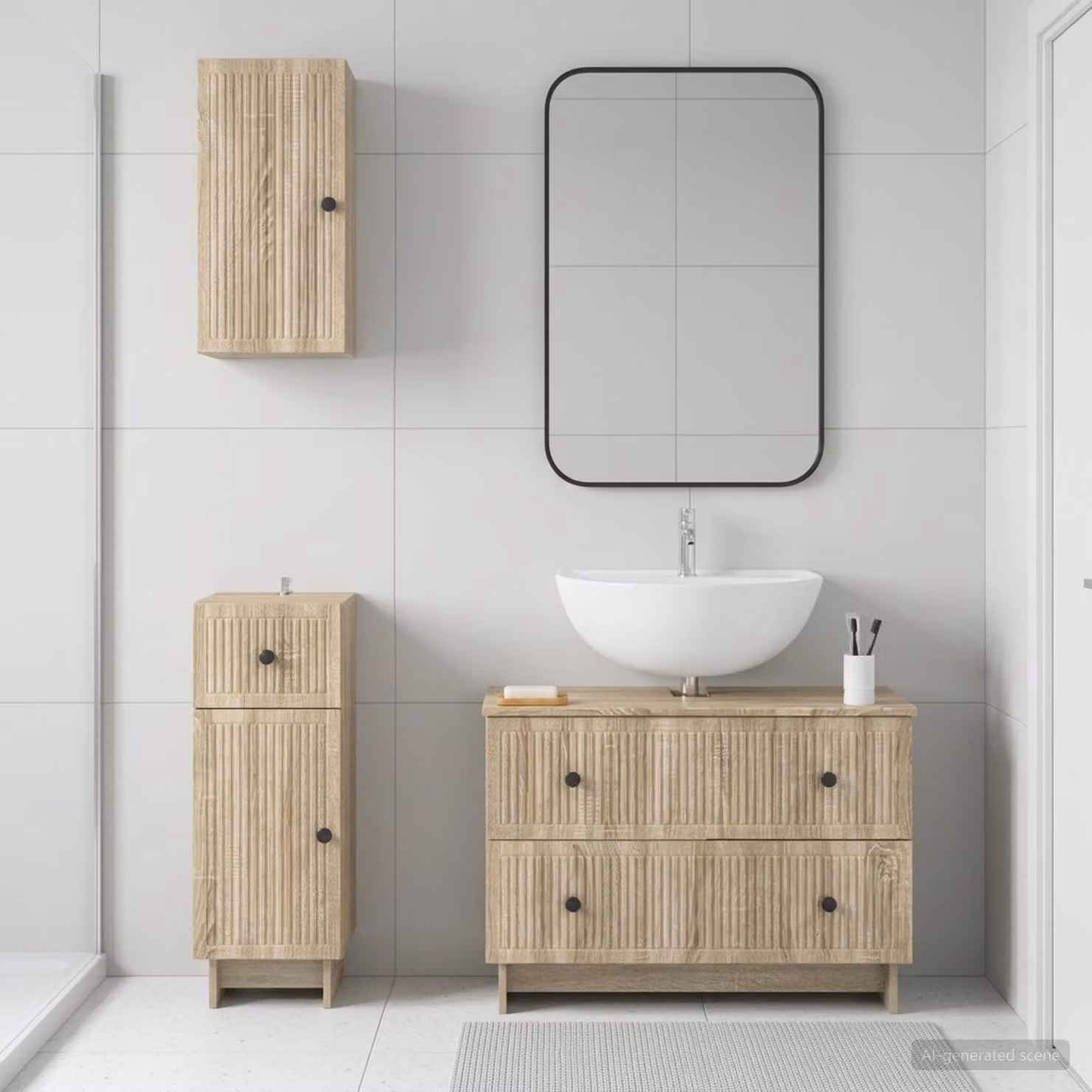 Set di 3 armadietti da bagno vidaXL EDE in legno Rovere Sonoma marrone con mobile sottolavabo e pensili a parete