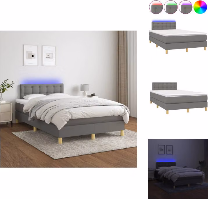 vidaXL Letto a molle con materasso e tessuto LED grigio scuro 120x200 cm - Letti & strutture letto