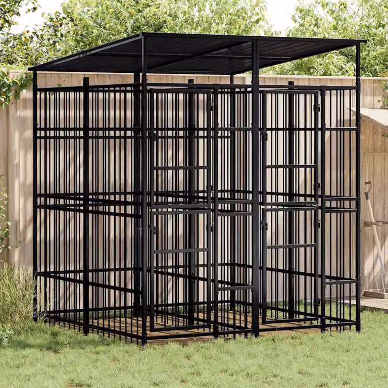 vidaXL Gabbia per Cani da Esterno con Tetto in Acciaio, Colore Nero, Metallo Opaco