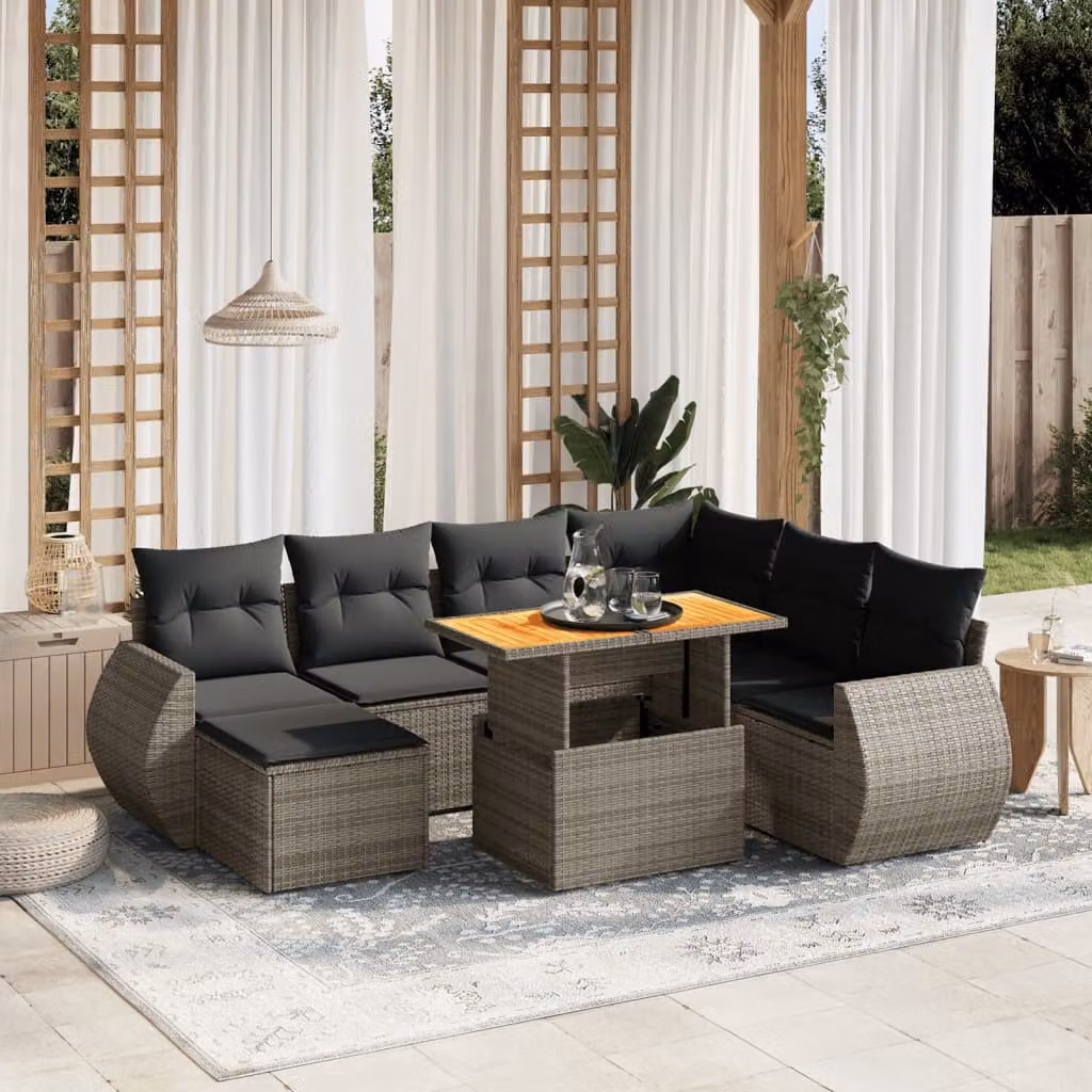 vidaXL Set Divano da Giardino 8 pz in Polyrattan Grigio con Cuscini e Tavolino – 1