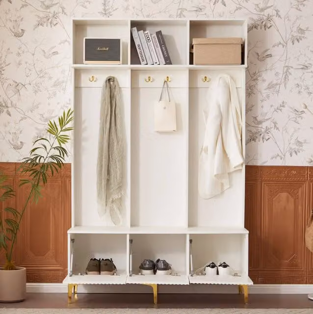 Mobile ingresso multifunzione con panca 120x23;5x191;5 cm in pannello truciolare bianco e metallo