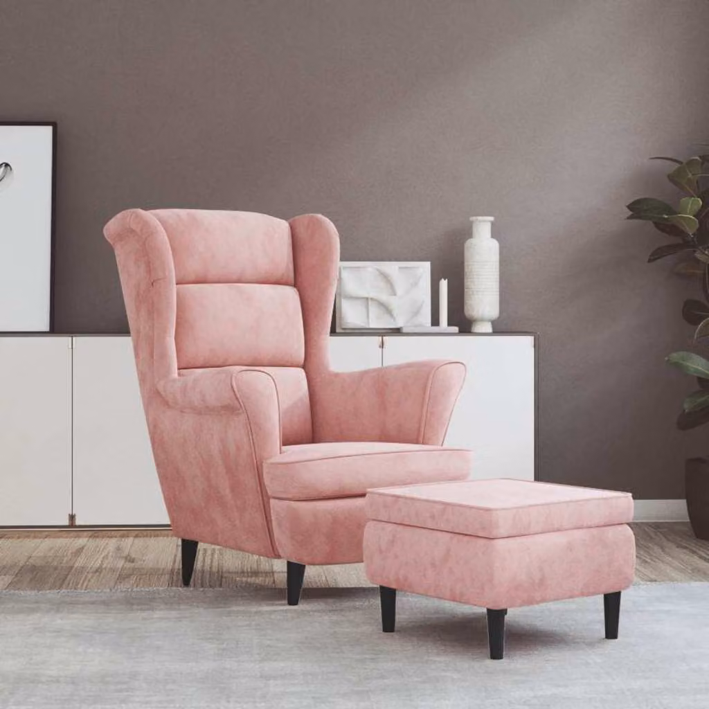 vidaXL Poltrona con Schienale ad Ala e Poggiapiedi in Velluto Rosa L: 96,5 cm, P: 78,0 cm, H: 90,0 cm – 1