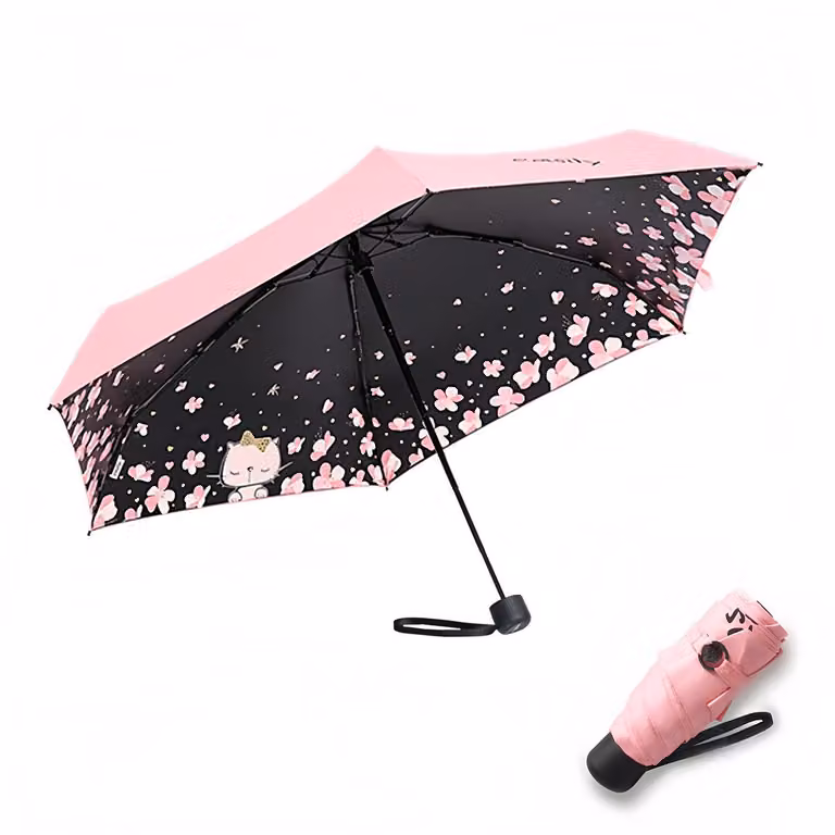 Ombrello con apertura e chiusura automatiche, compatto, pieghevole, protezione UV, resistente al vento, ultraleggero, motivo "gatto rosa", 90 cm