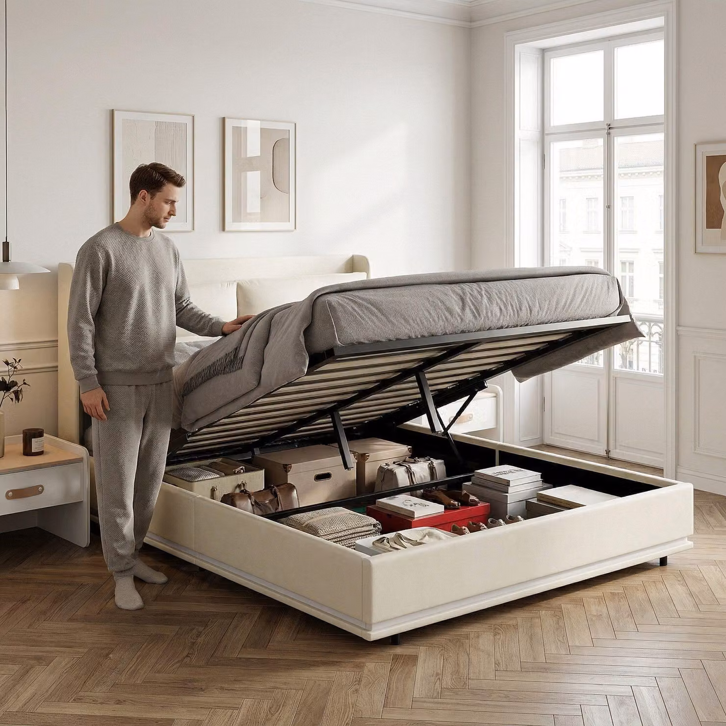 Letto Moonbite con contenitore, dimensioni 160x200 cm, rivestito in velluto beige, capacità fino a 340 kg, con illuminazione LED, porta USB, rete a doghe in legno e vano contenitore nascosto