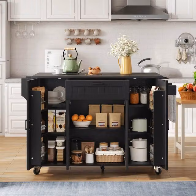 Isola Cucina con Piano Pieghevole e Ruote ¨C MINIMAL ¨C Nero, 4 Ante, 1 Cassetto, 120x45x95