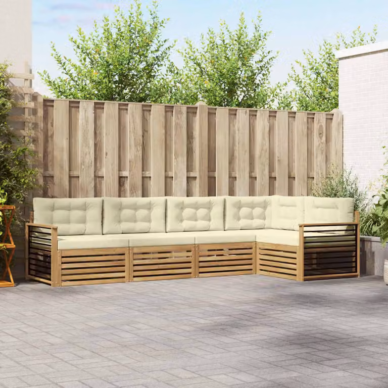 Set di divani da esterno a L vidaXL in legno di acacia con cuscini, Bianco, Beige e Marrone