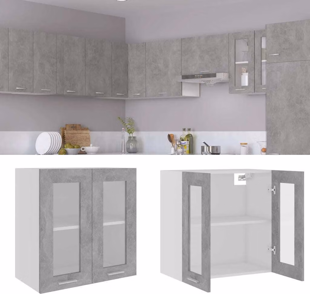 The Living Store Mobile sospeso in vetro grigio cemento 60x31x60 cm materiale legno